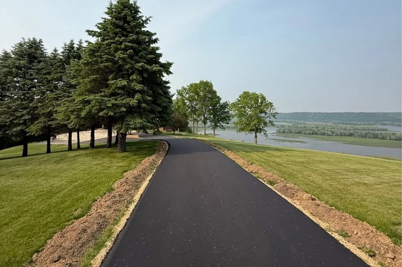 New asphalt lane lined with pine trees overlooking the Mississippi River